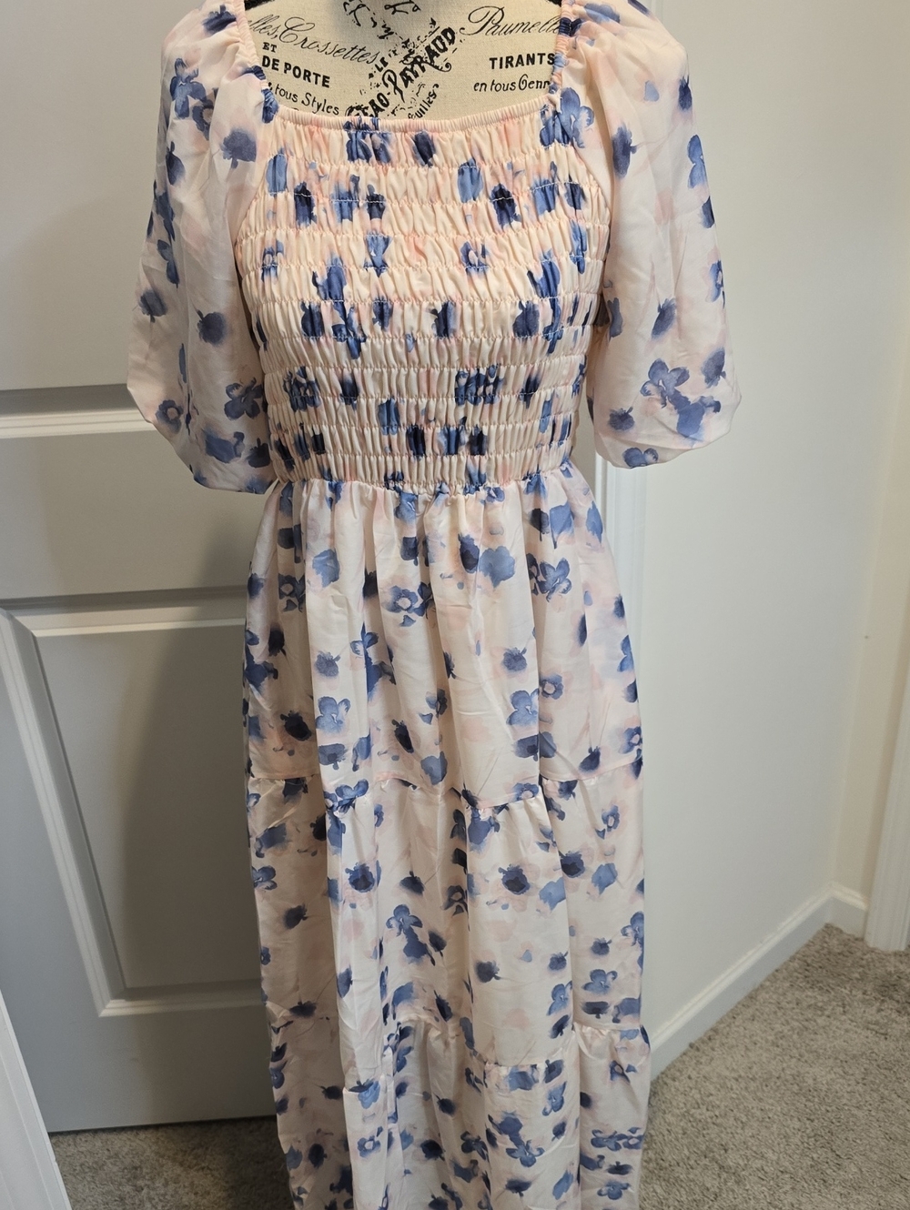 Polagram- Smocked Floral Midi Dress in Light Pink and Blue
